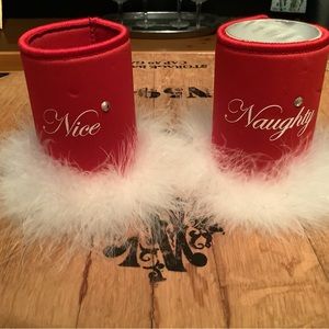 CHRISTMAS POP/BEER CAN FOAM HOLDERS. NAUGHTY & NICE. FEATHER TRIM. NEW.